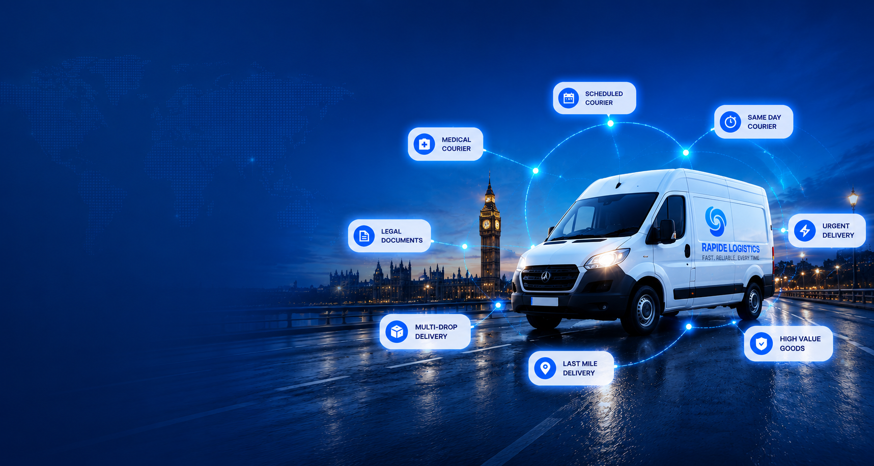 Rapide Logistics delivery van in London at night